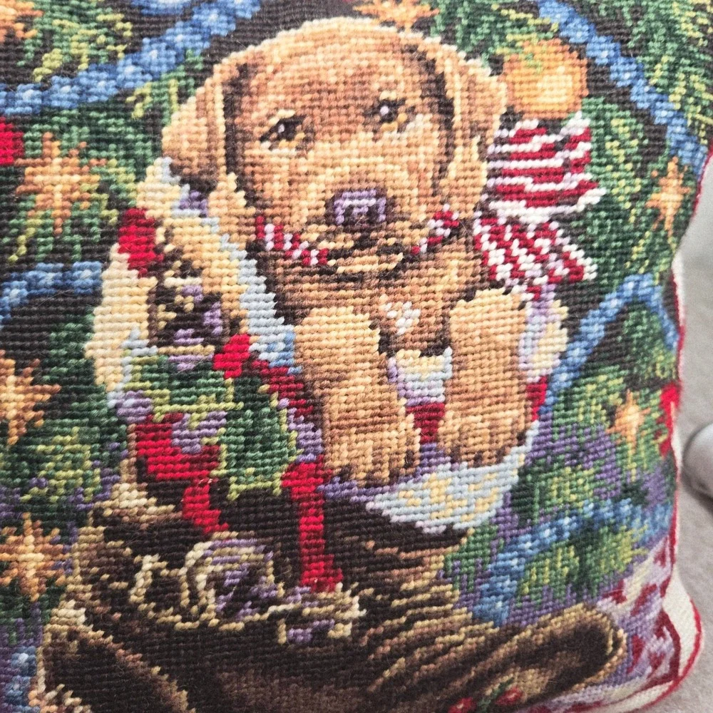 Christmas Golden Retriever Puppy Needlepoint Pillow Red Velvet Back Holiday